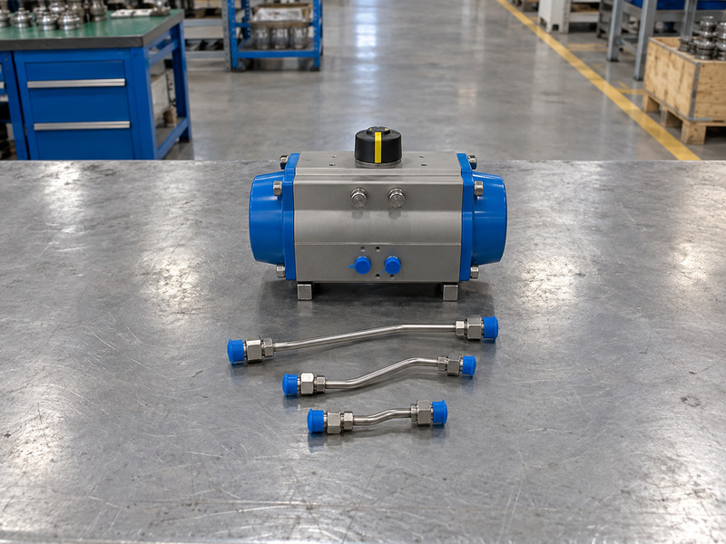 Short stainless instrument-air tubing and normal fittings beside a sealed actuator