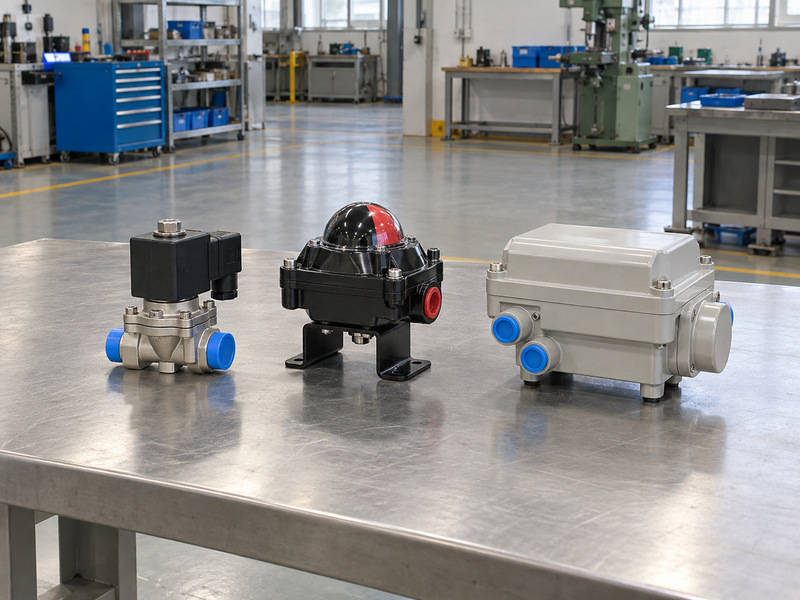 Closed solenoid and limit-switch accessories beside a protected pneumatic positioner