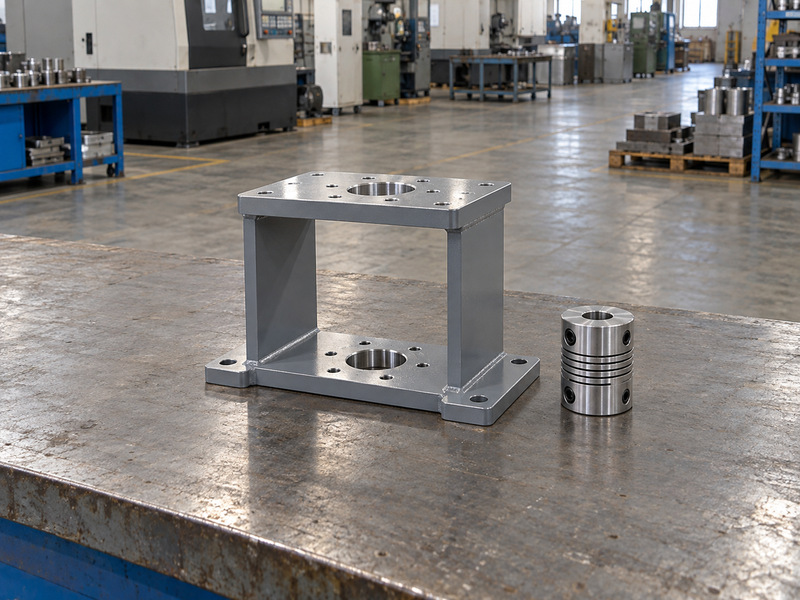 Machined shaft coupling and rigid mounting bracket separated for dimensional inspection