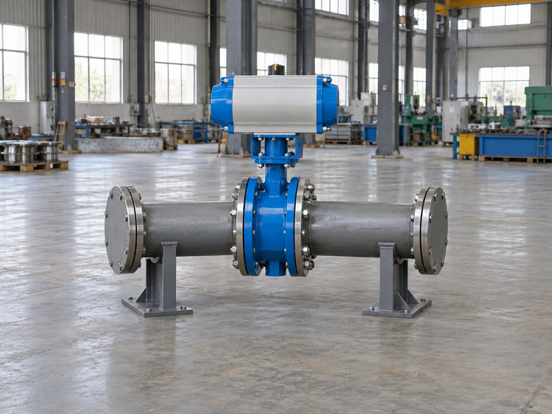 Supported pneumatic valve assembly connected to short offline pipe spools