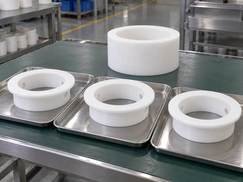 ptfe butterfly valve seat manufacturing process compression molding — finished white seat sleeves and a blank