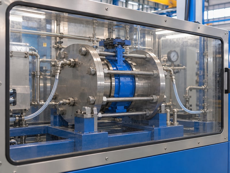 ptfe epdm butterfly valve seat manufacturing process — restrained test fixture behind a closed guard
