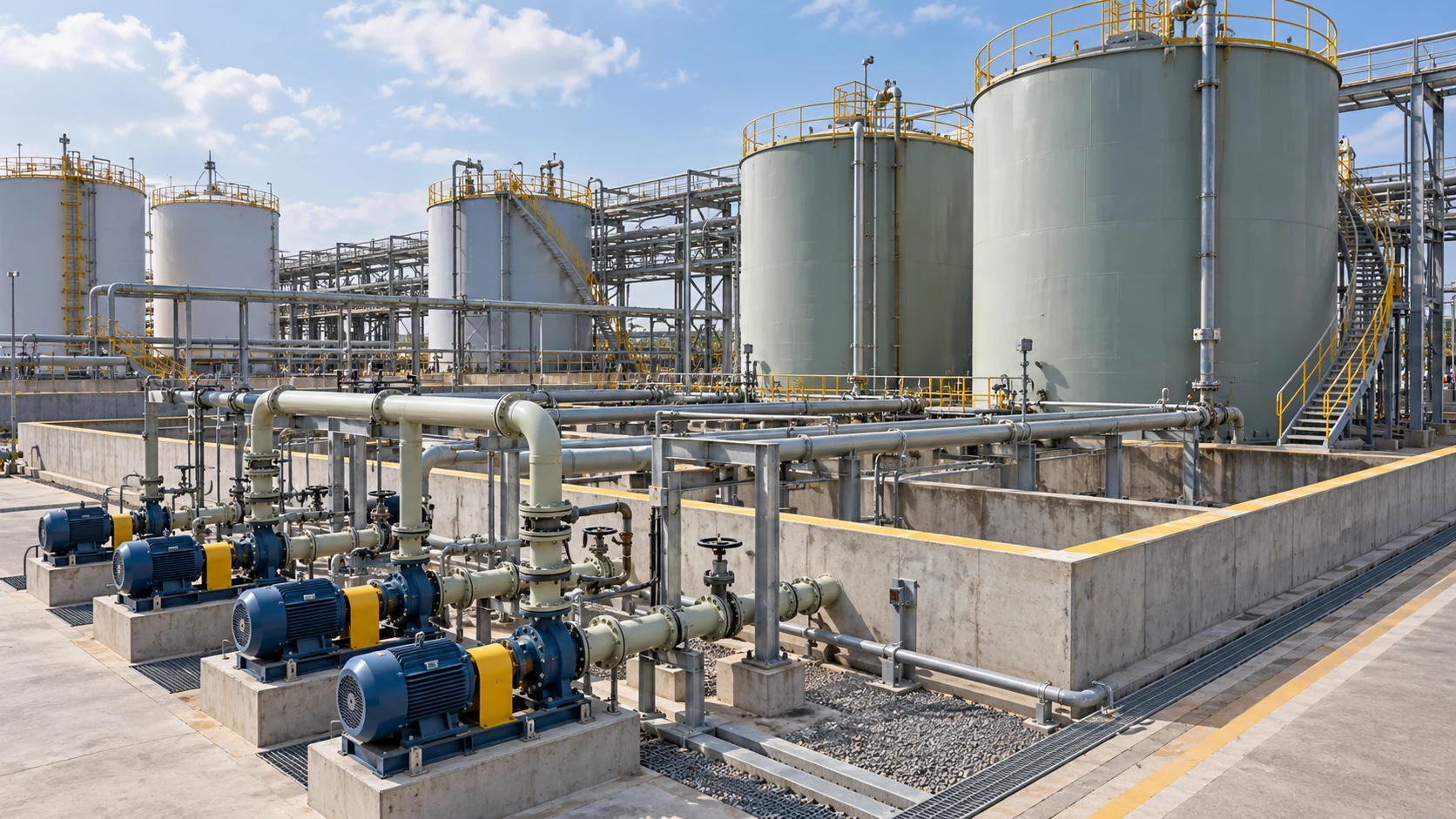 Chemical storage and acid transfer facility with bunded tanks, pump stations, lined process pipes, and accessible service areas.