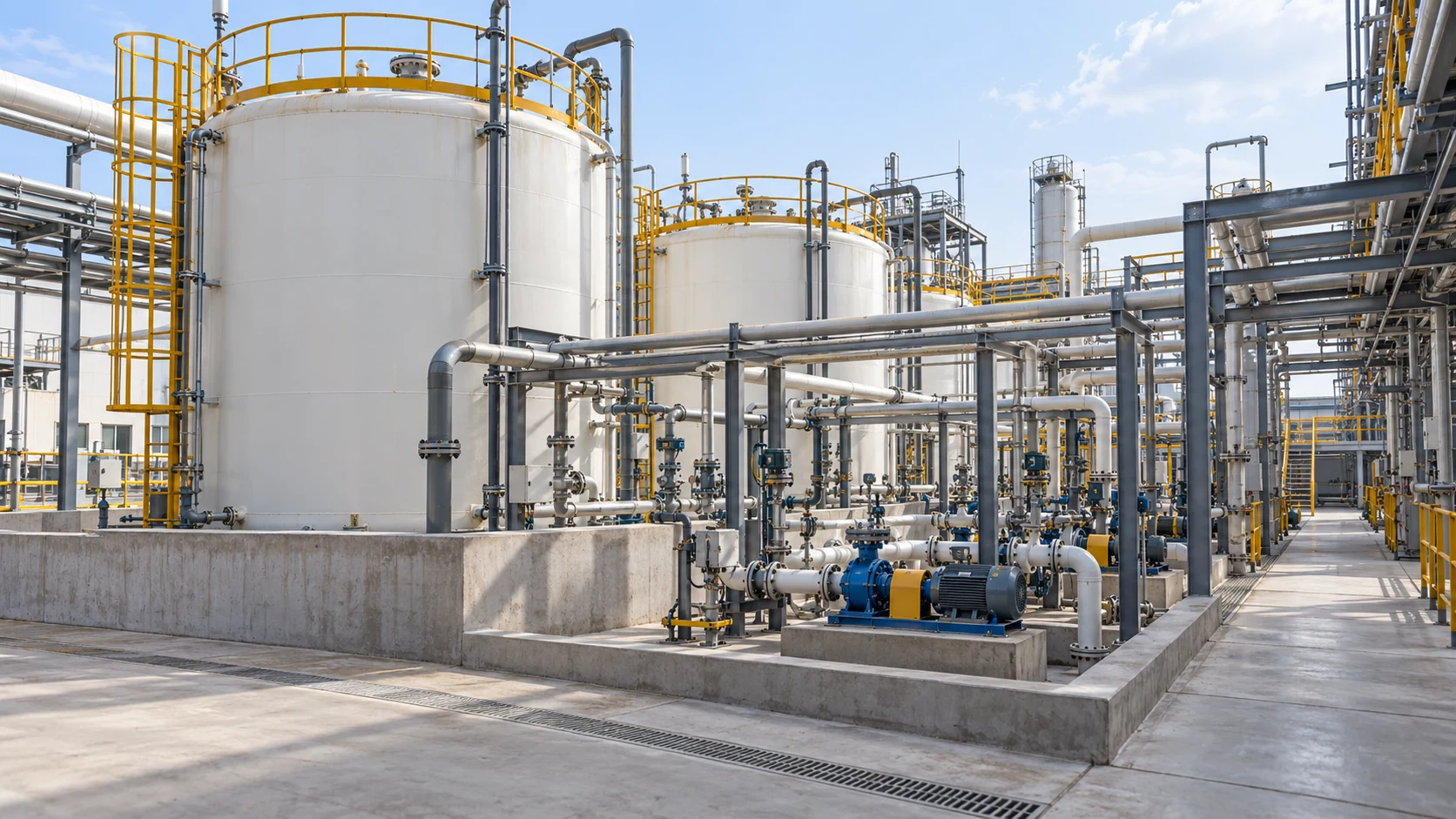 Caustic preparation and transfer area with closed storage tanks, chemical transfer pumps, contained working areas, and process piping.