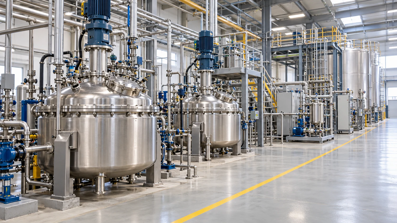 Chemical batching area with closed reactor vessels, mixing equipment, pumps, and supported process pipework.