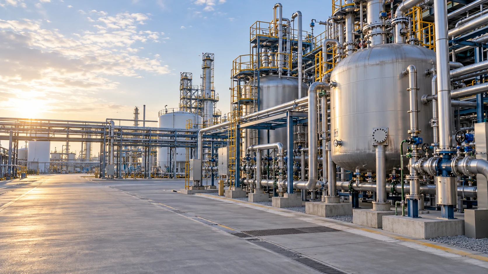 Wide chemical process facility view with reactor vessels, pipe racks, and an organized transfer area.