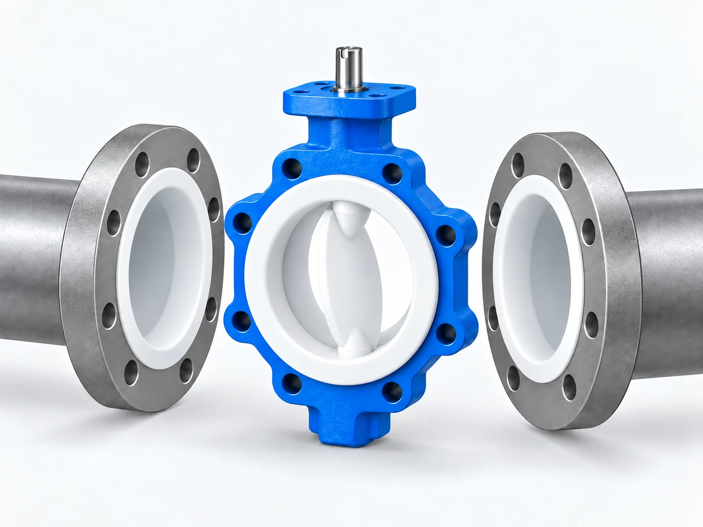 Compact PTFE lined butterfly valve between matching lined pipe flanges, showing the lining faces and partially open encapsulated disc.
