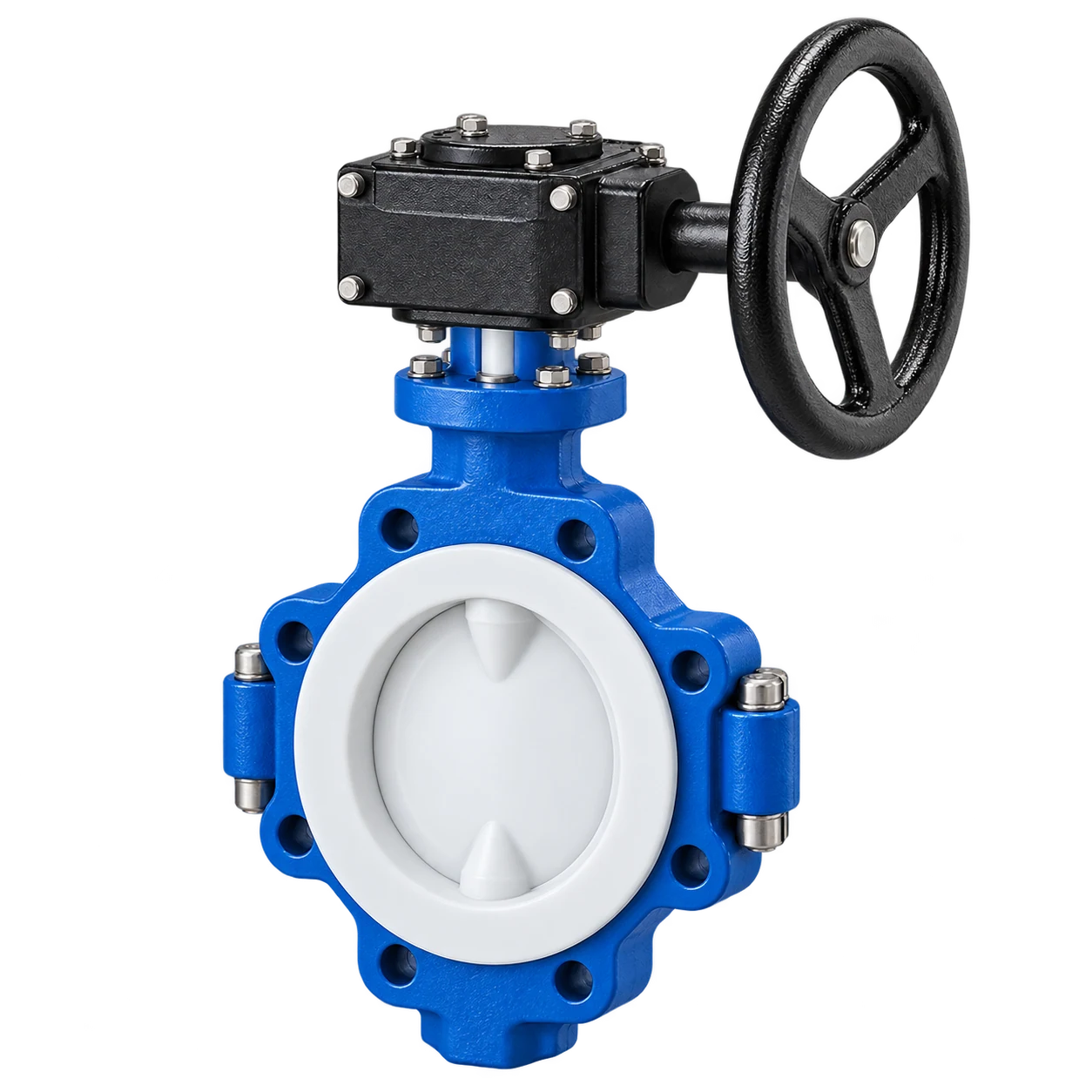 Blue PTFE lined butterfly valve with a worm gearbox, continuous white liner, and a fully encapsulated white disc.