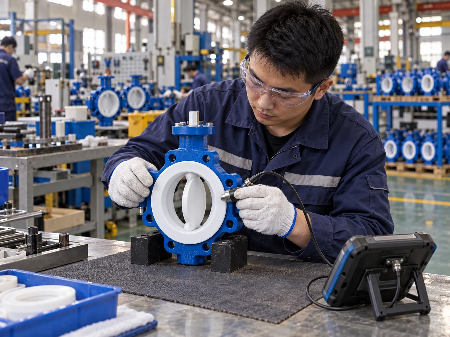 Technician checking the white PTFE lining of a butterfly valve with inspection equipment in an operating valve manufacturing workshop.