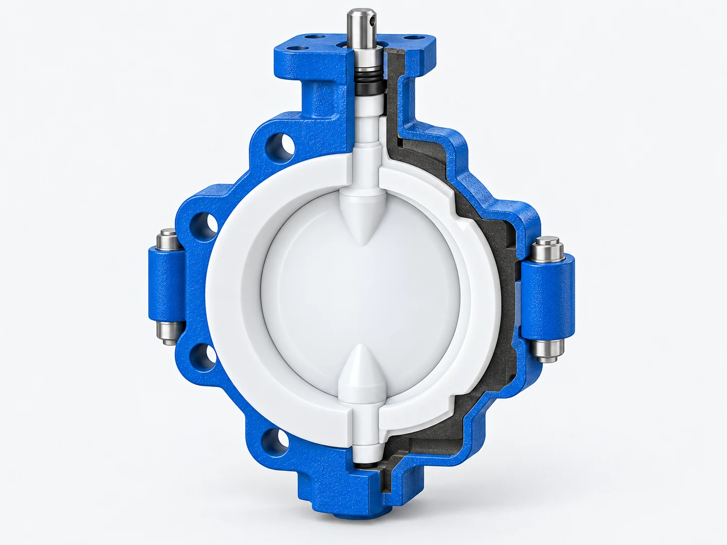 Sectional view of a PTFE lined butterfly valve showing the continuous liner, white encapsulated disc, supporting body, and stem seal transition.