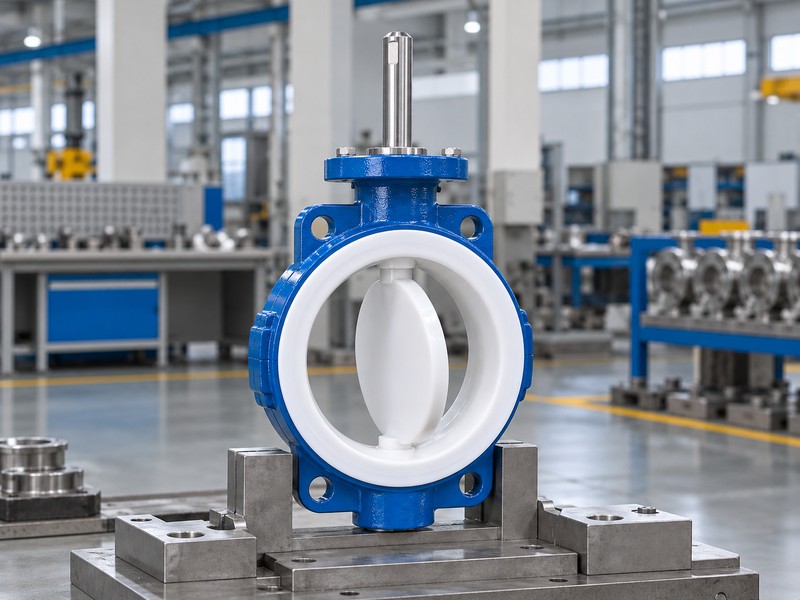 ptfe seat butterfly valve illustration showing a polymer-lined valve and coated disc