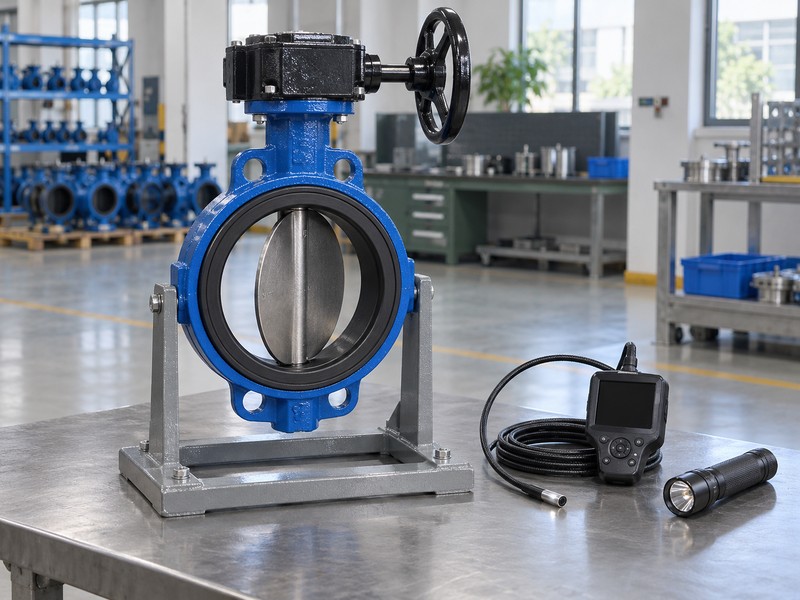 ptfe seat butterfly valve illustration showing a disconnected valve prepared on an inspection bench with a parked viewing tool