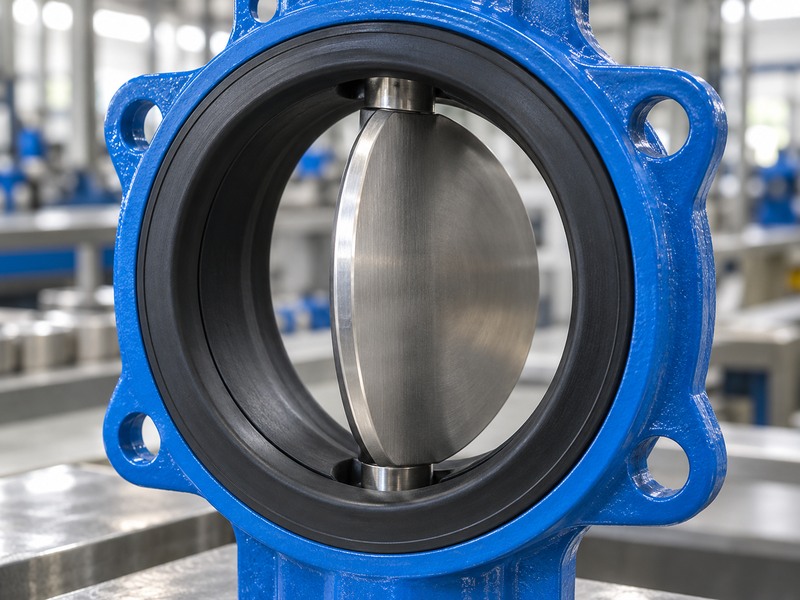 Resilient seat butterfly valve disc edge and elastomer seat on an industrial inspection bench