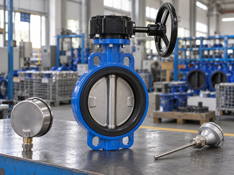 Resilient seat butterfly valve beside pressure and temperature instruments for a duty review