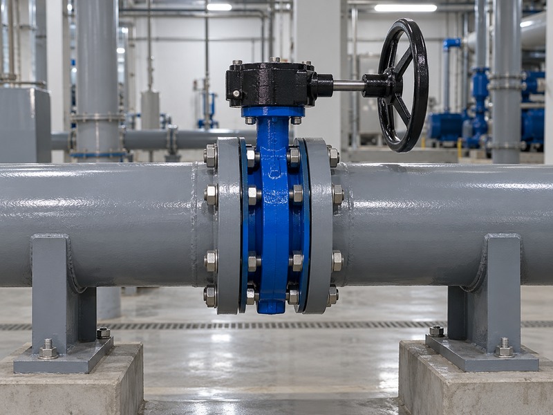Resilient seat butterfly valve in a flanged water pipe with independent pipe supports