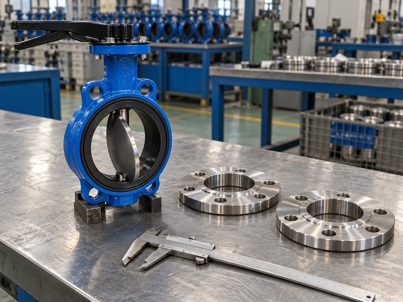 Resilient seat butterfly valve beside loose pipe flanges and a caliper for interface inspection