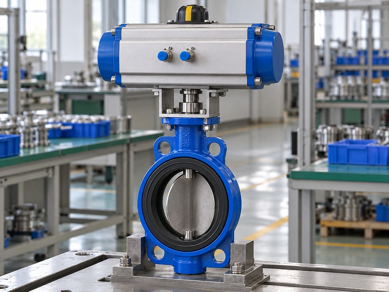 Resilient seat butterfly valve with a pneumatic actuator, mounting bracket and shaft coupling