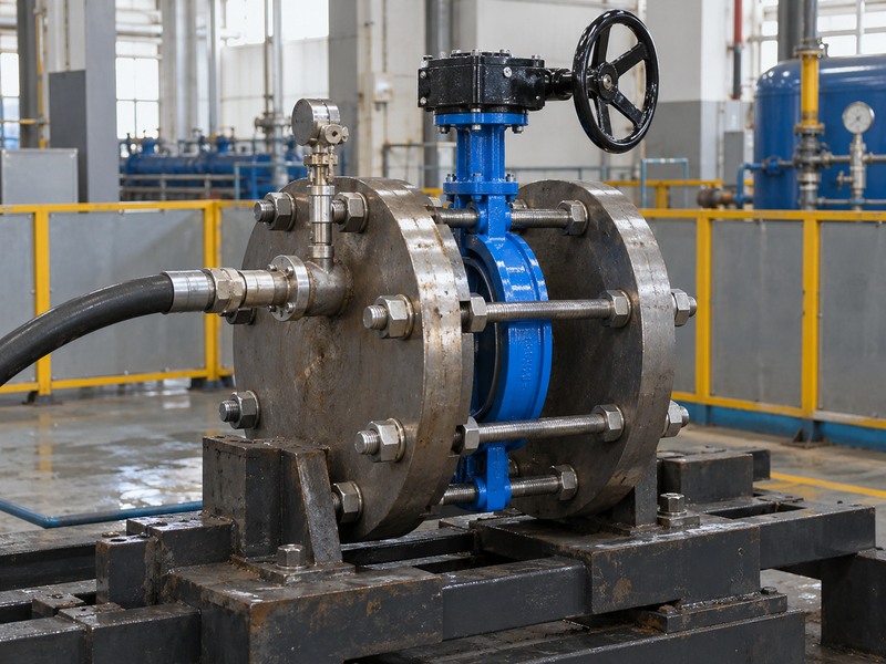 Resilient seat butterfly valve supported between test plates before final clamping and pressurization