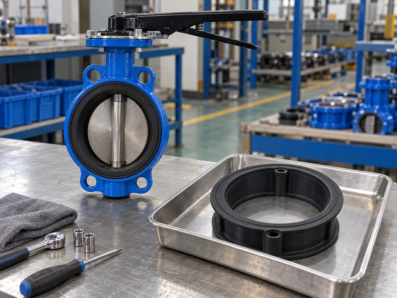 Resilient seat butterfly valve and a separate replacement elastomer seat on a maintenance bench