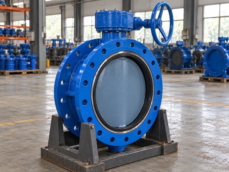 Double-flanged butterfly valve on a workshop cradle for a resilient seat offset butterfly valve construction review