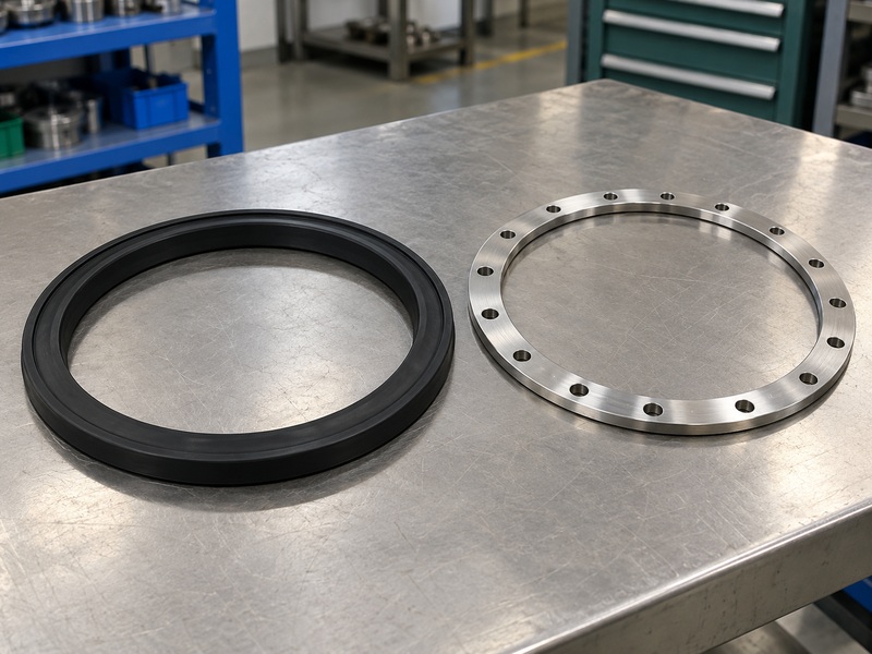 Elastomer sealing ring and a separate metal retaining ring on an inspection bench