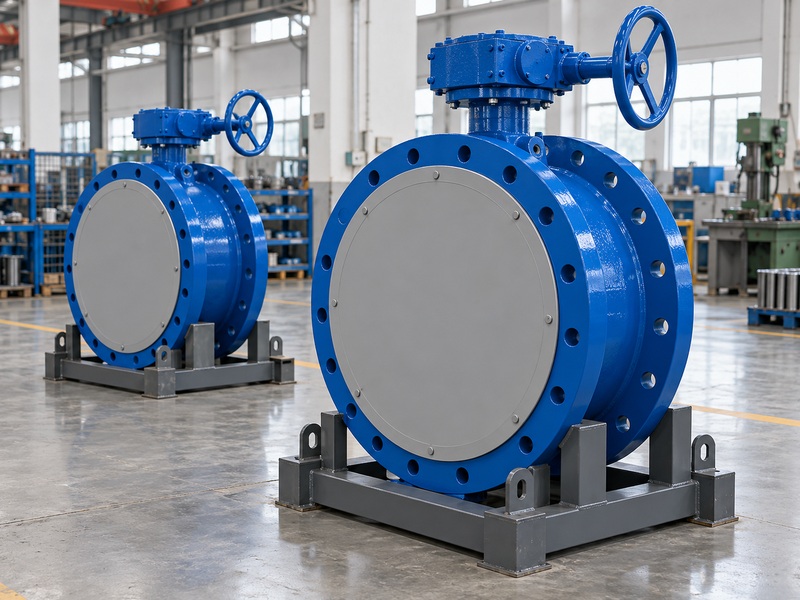 Double flanged butterfly valves awaiting inspection at a Chinese factory