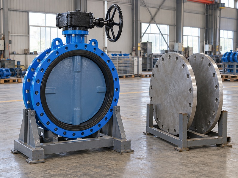Large double-flanged water valve beside separate blind plates before unpressurized inspection