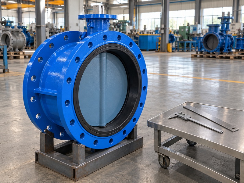Double-flanged water valve beside separate dimensional-inspection tools on a factory cart