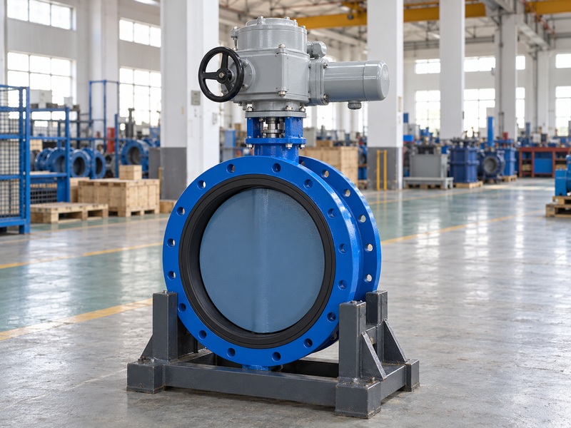 Electric operator fitted to a large butterfly valve in a Chinese assembly workshop