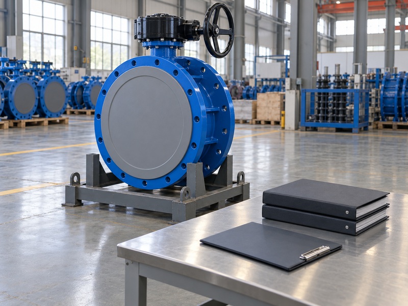 Protected double-flanged water valve beside closed folders prepared for document review