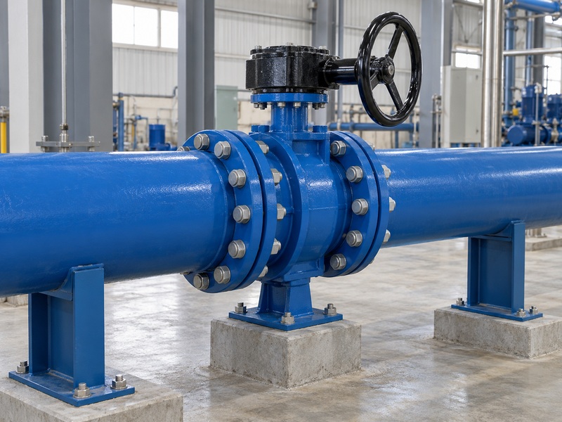 Double-flanged water butterfly valve installed in a supported closed pipe run