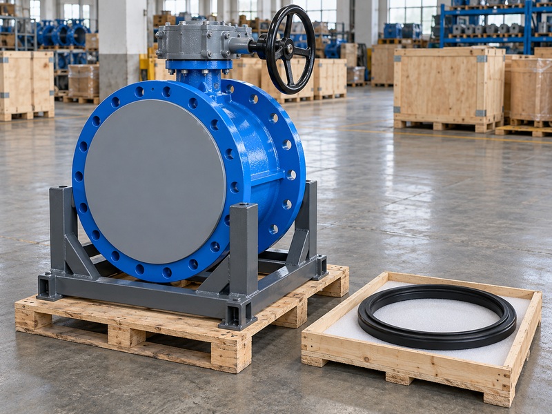 Protected double-flanged water valve in a transport cradle beside a separately padded elastomer sealing ring