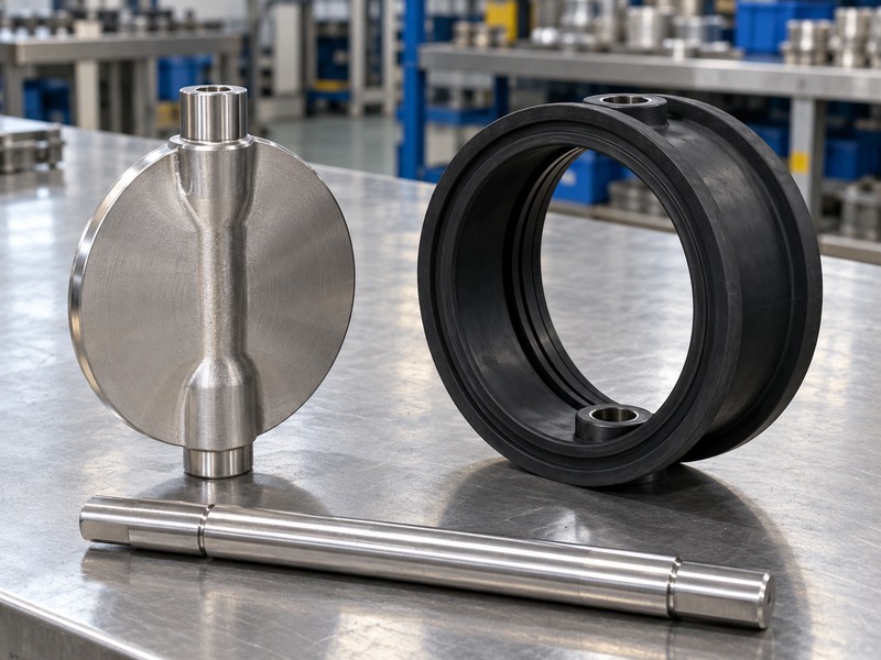 Resilient seated butterfly valve components prepared on an inspection bench