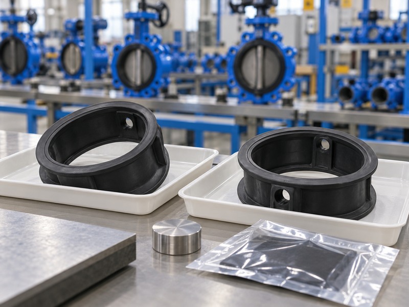 Elastomer seat samples for resilient seated butterfly valve material assessment
