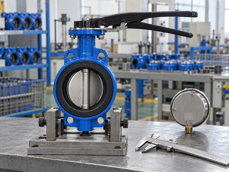 Resilient seated butterfly valve supported in a factory inspection fixture