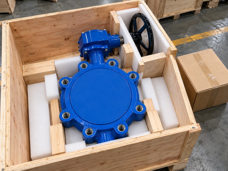 Resilient seated butterfly valve protected for delivery with separate spare components