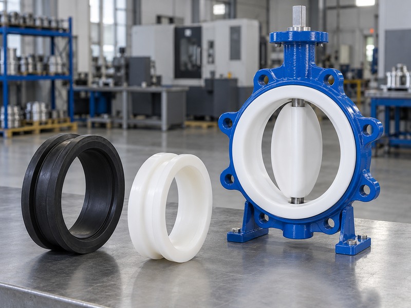Separate elastomer and fluoropolymer lining samples on a clean inspection bench