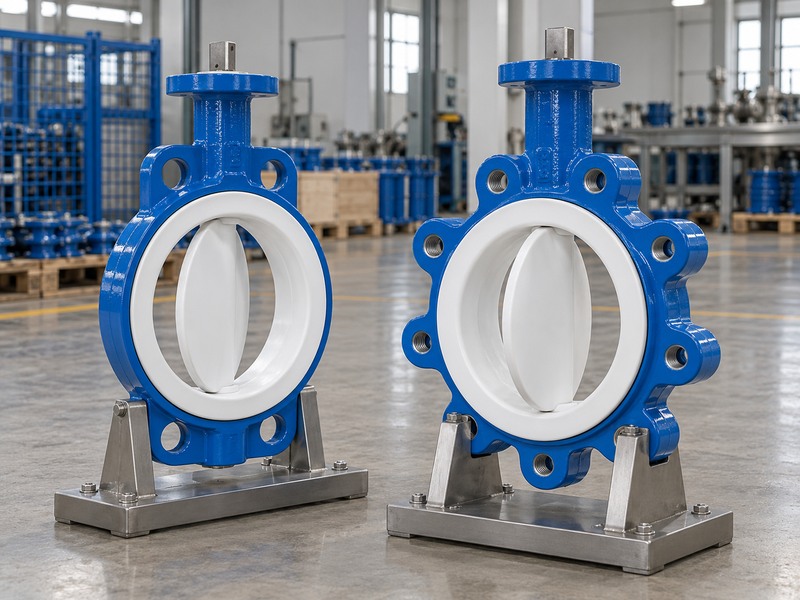 Two white lined butterfly valve assemblies prepared for visual review