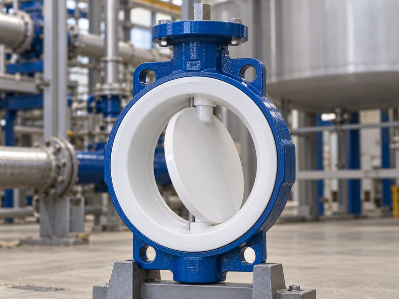Close view of a clean butterfly valve lining face and disc edge