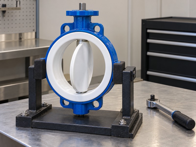 Lined butterfly valve held on an unpressurized function check fixture