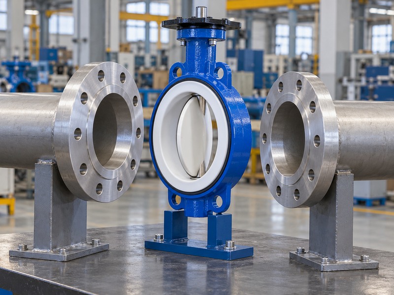 Lined butterfly valve and separated mating flanges prepared for a fit check