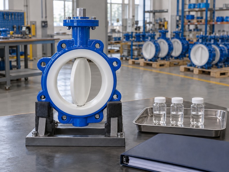 Sealed material sample containers beside an unpressurized lined valve assembly