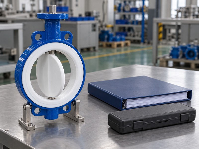Closed technical document folder beside a lined butterfly valve
