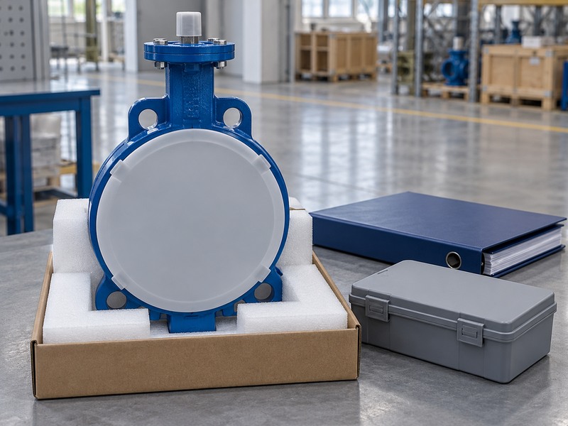 Protected lined butterfly valve prepared for a final assembly review