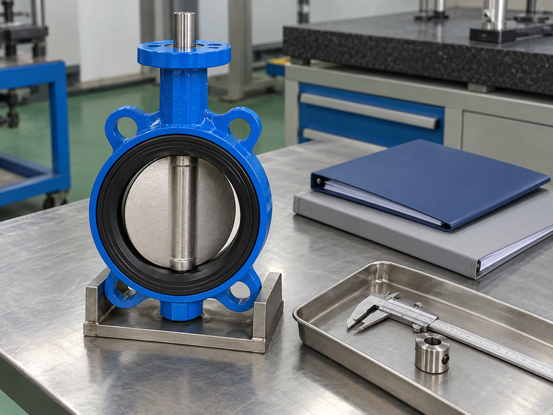 Concentric butterfly valve beside closed document folders and separate dimensional-inspection tools