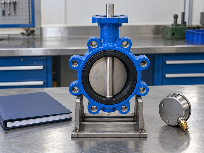 Lug butterfly valve beside a separate pressure gauge for a supplier rating review