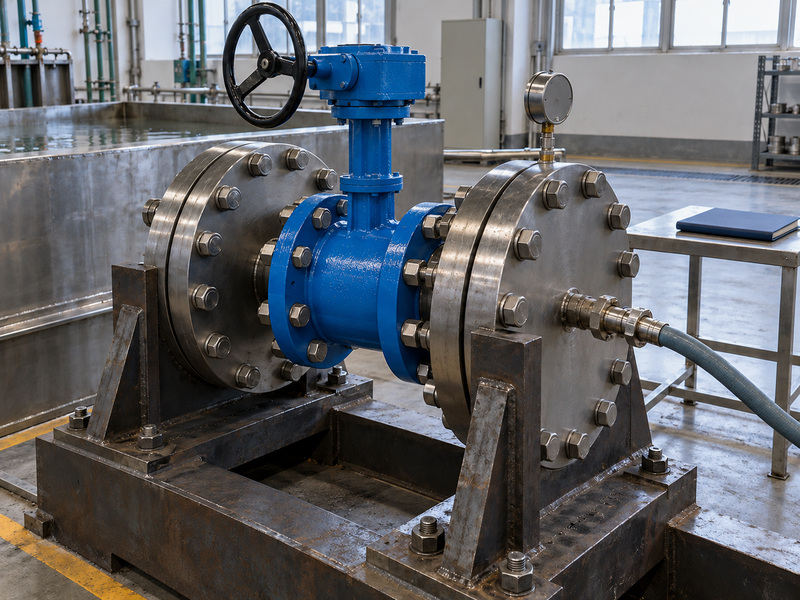 Double-flanged butterfly valve secured on a test rig for unpressurized inspection preparation