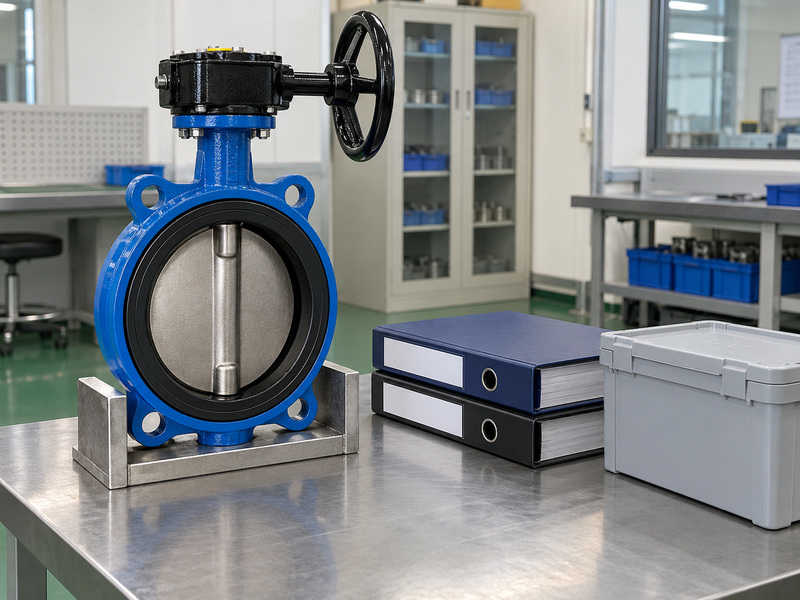 Butterfly valve and closed record binders prepared for a manufacturing dossier review