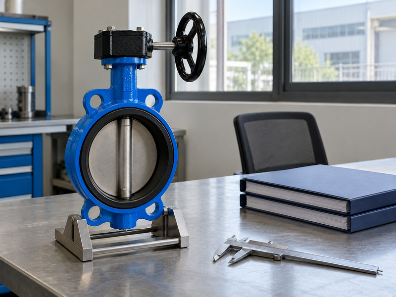 Butterfly valve sample and closed procurement folders prepared for a supplier-approval review