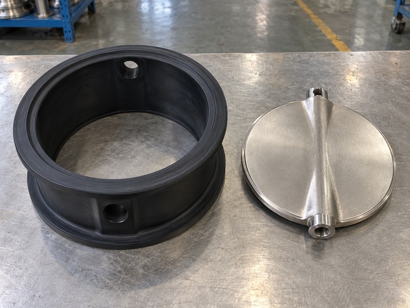 Elastomer sleeve seat and stainless butterfly disc on a Chinese factory inspection bench